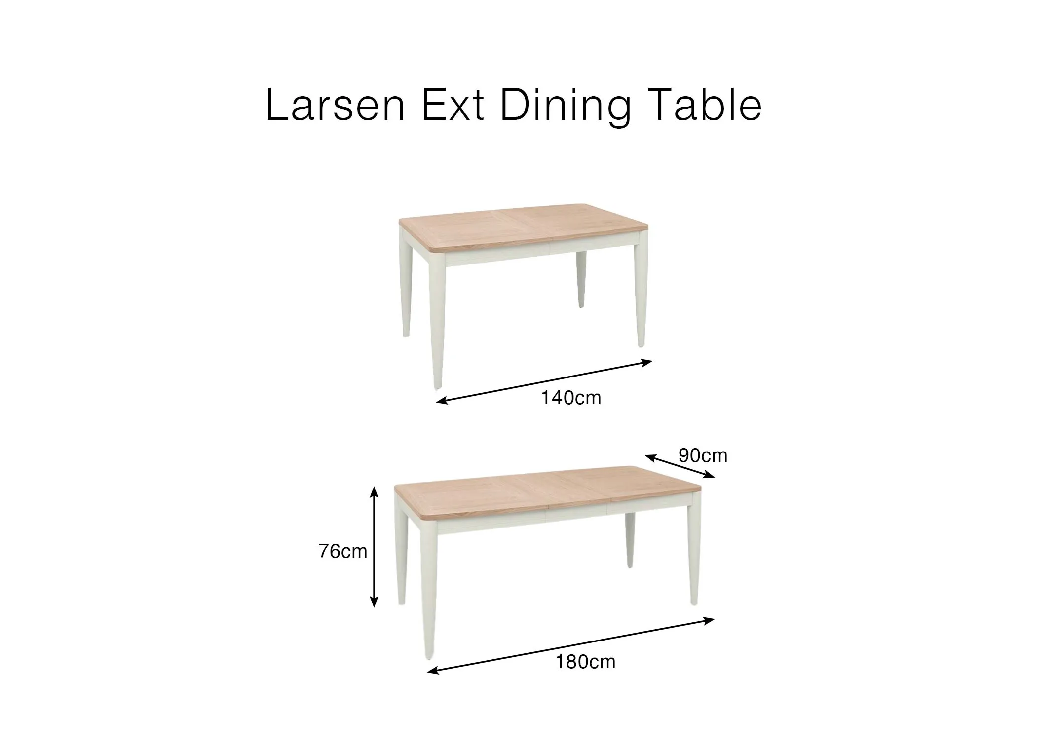 A dimension image of the Larsen Dining Table with 140-180cm x 76cm