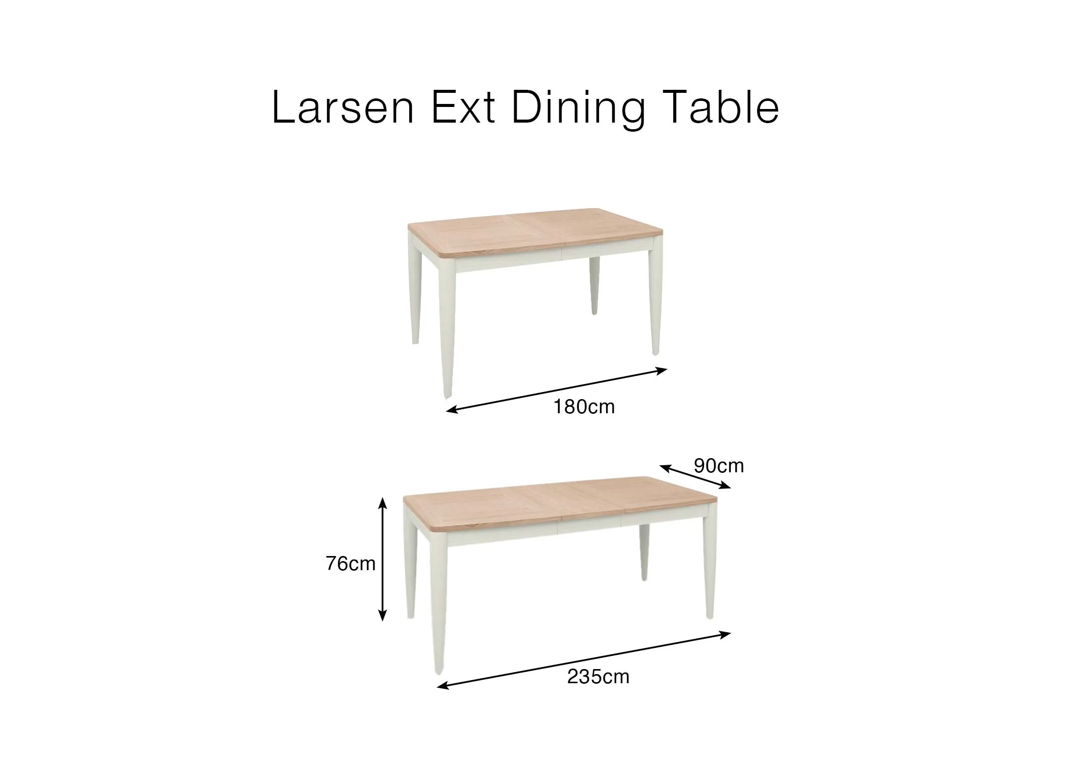 A dimension image of the Larsen Dining Table with 180cm -235cm x 76cm