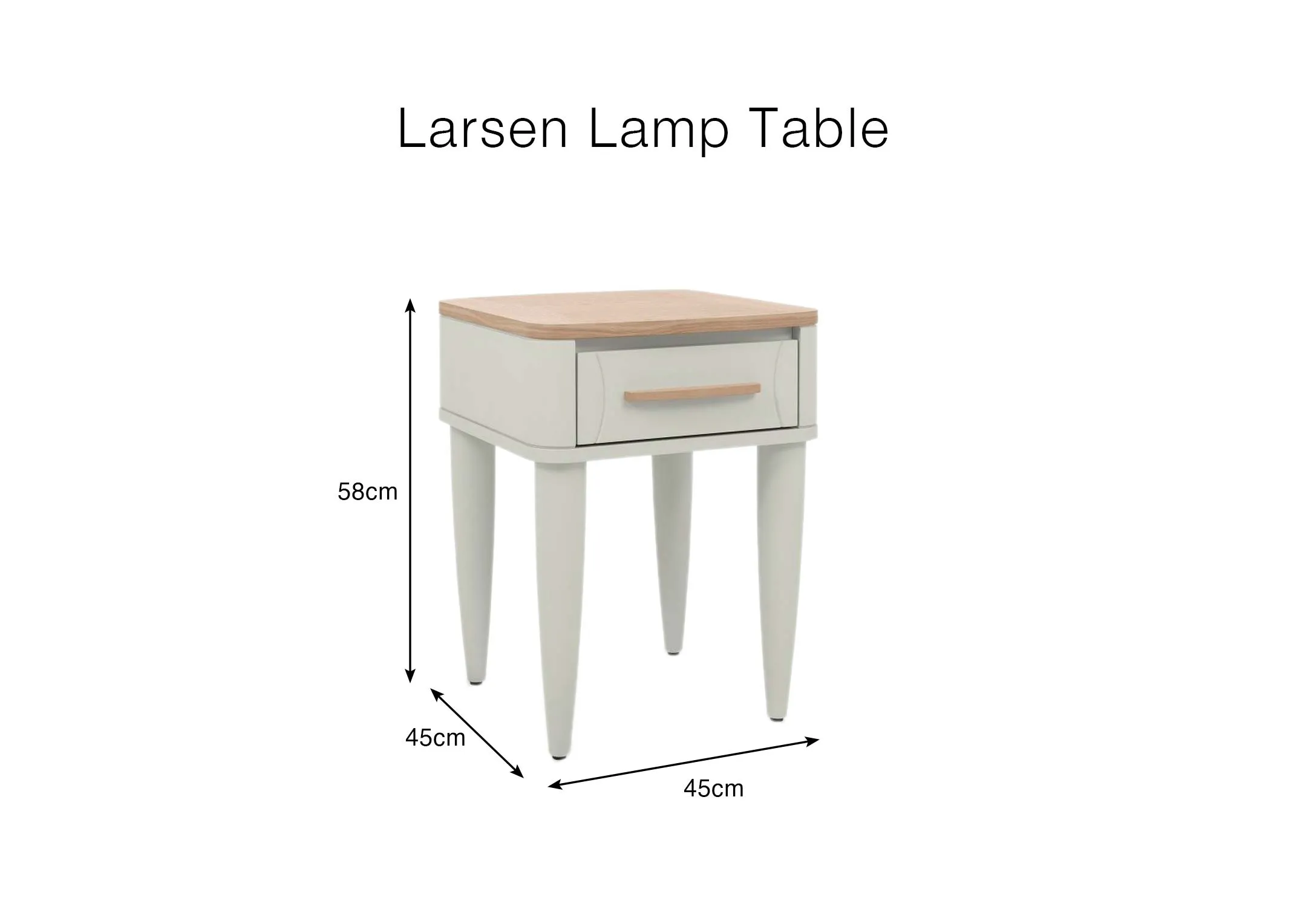 A dimension image of the Larsen lamp table with 45cm x 45cm x 58cm