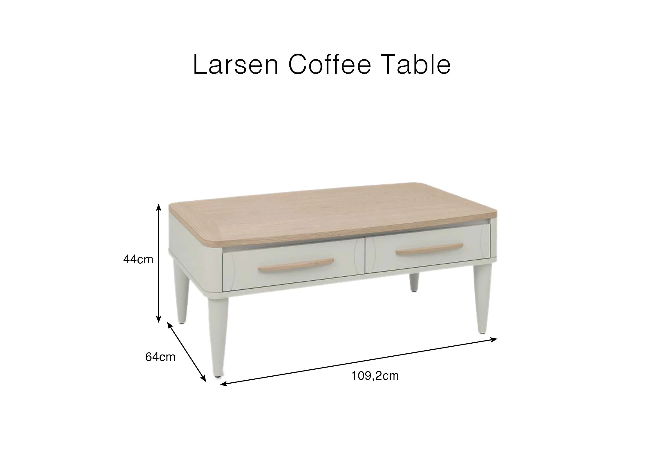 A dimension image of the Larsen Coffee Table with 108cm x 64cm x 44cm
