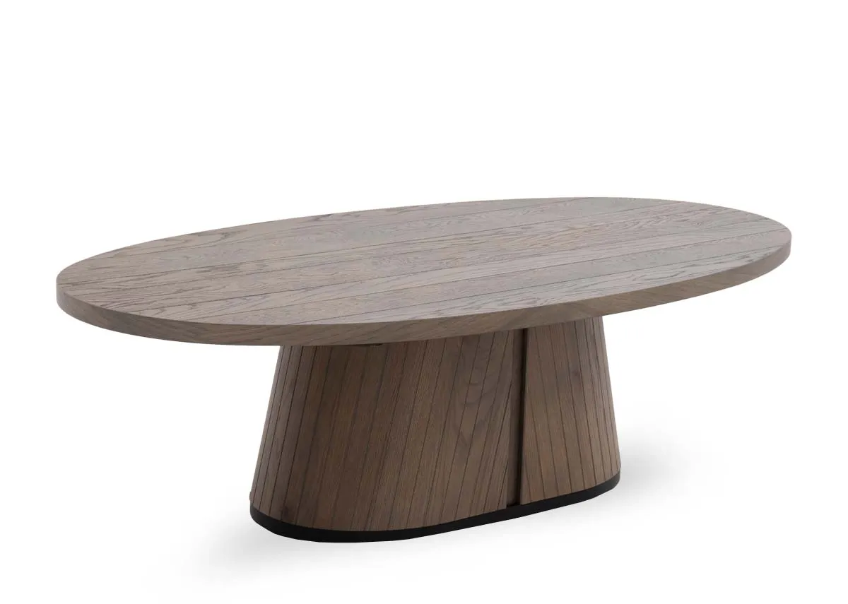An oval coffee table in grey oiled oak from EZ Livings Vega range. Angled view