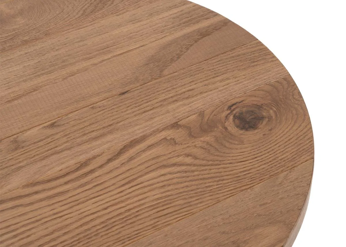 An oval coffee table in rustic oak from EZ Livings Vega range. Closeup of oil finish