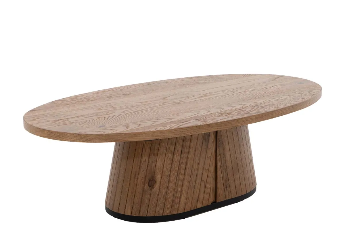 An oval coffee table in rustic oak from EZ Livings Vega range. Angled view of panelled base.