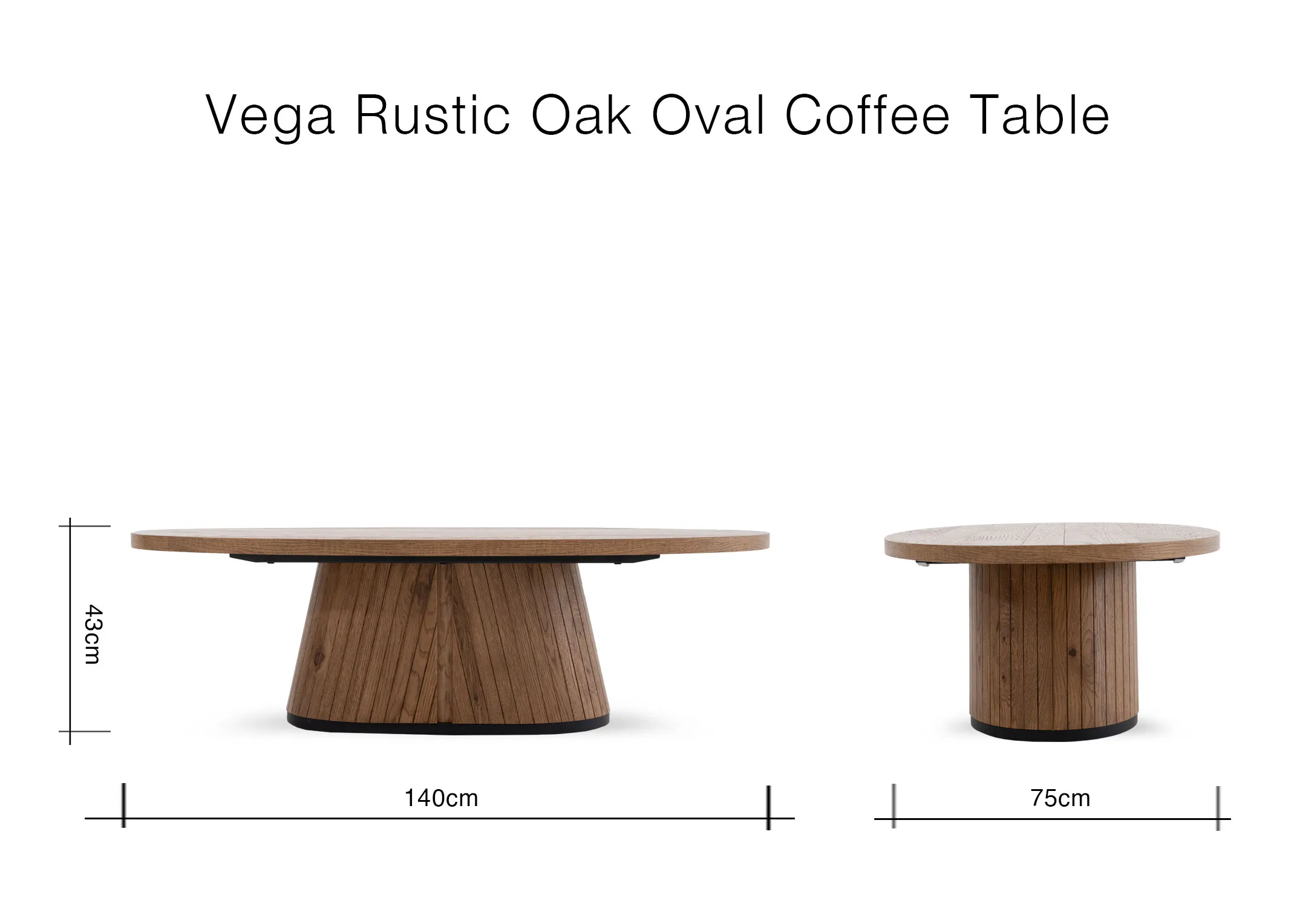 A dimension image of the Vega Rustic Coffee Table with 140cm x 75cm x 43cm