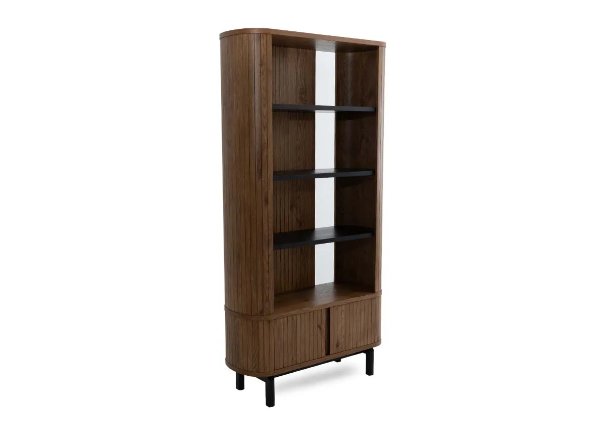 A rustic oak display case with 4 shelves and 2 drawers from EZ Livings Vega range.