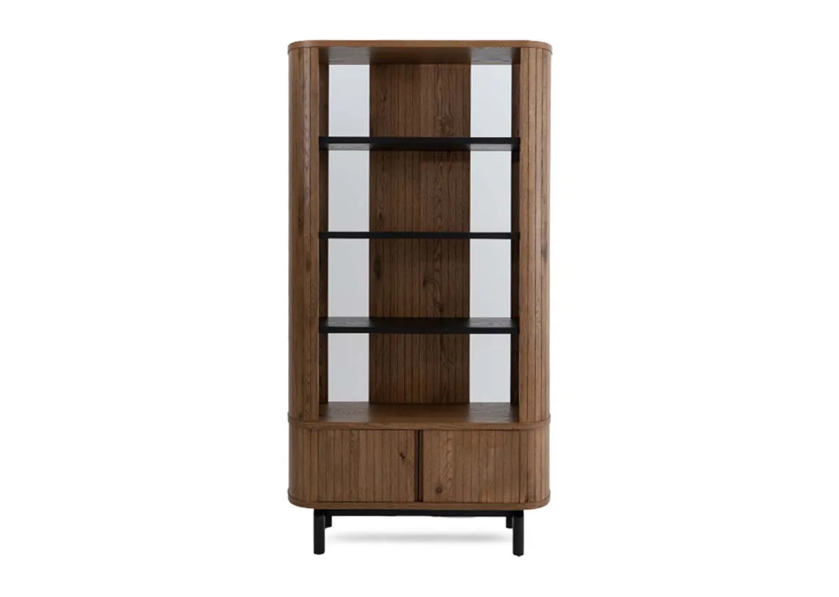 A rustic oak display case with 4 shelves and 2 drawers from EZ Livings Vega range.Front view of spacious shelves