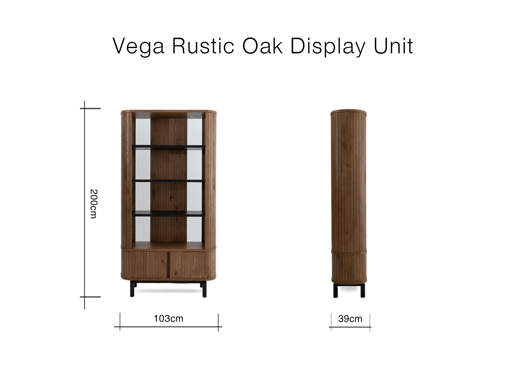A rustic oak display case with 4 shelves and 2 drawers from EZ Livings Vega range. Side view