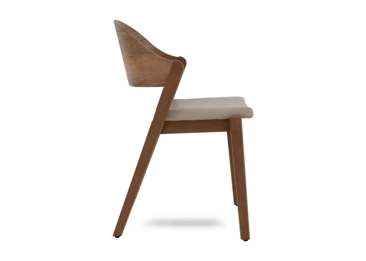 A rustic oak framed dining chair from EZ Livings Vega range.Side view of angled sturdy wood legs