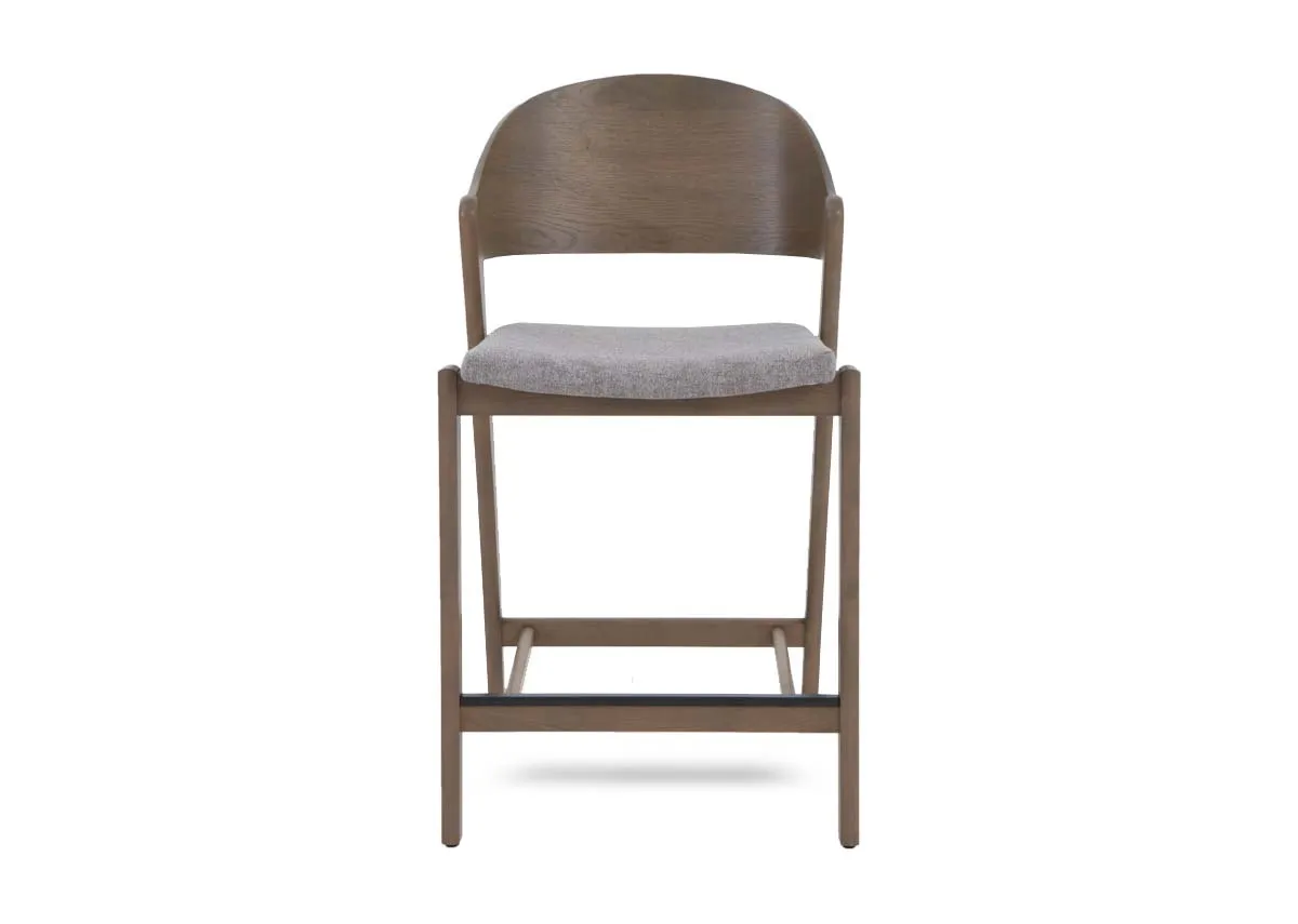 A grey oak bar stool with grey leather seat from EZ Livings Vega range. Front view 