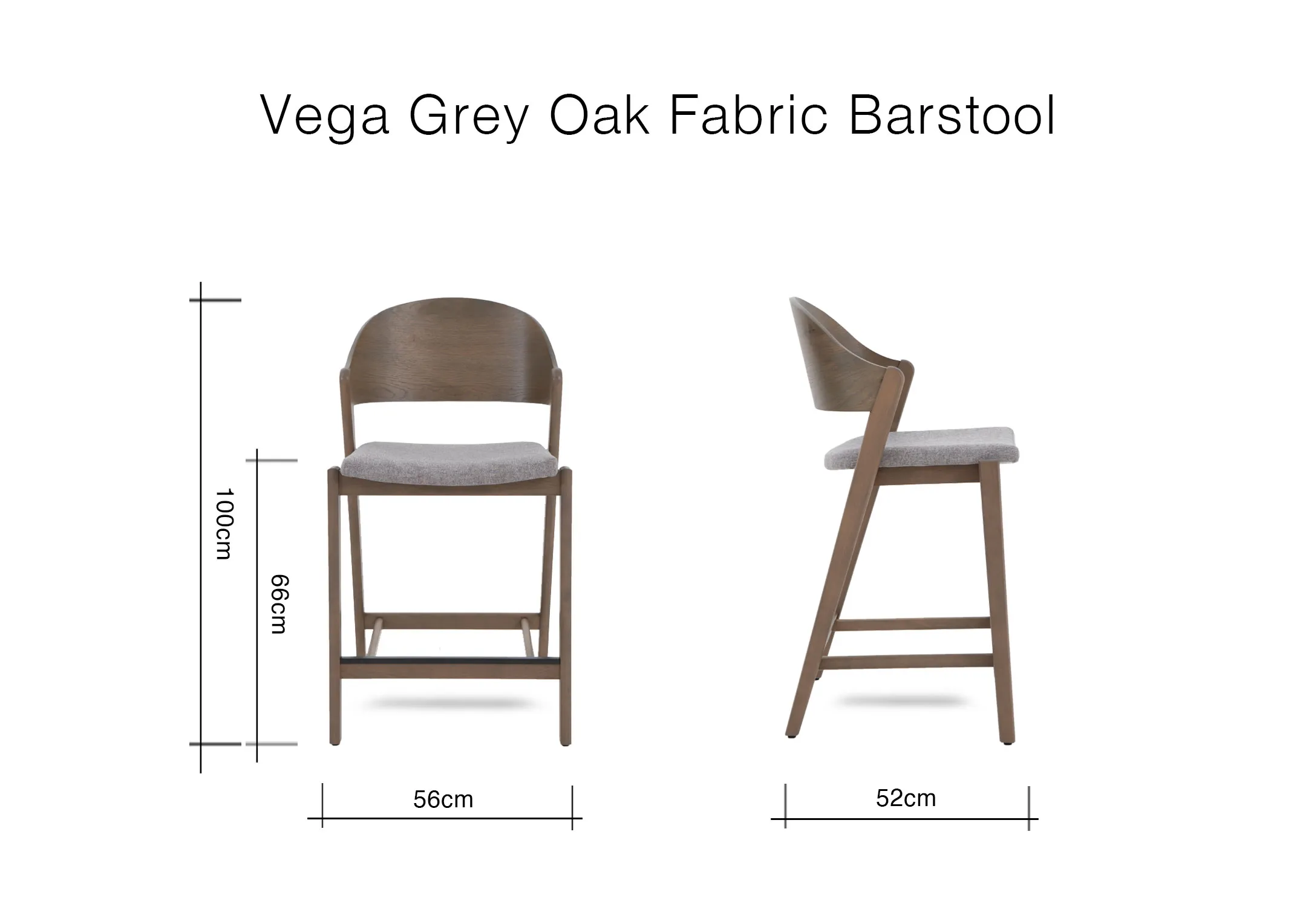 A dimension image of the Vega Bar Stool with 56cm x 52cm x 100cm x 66cm