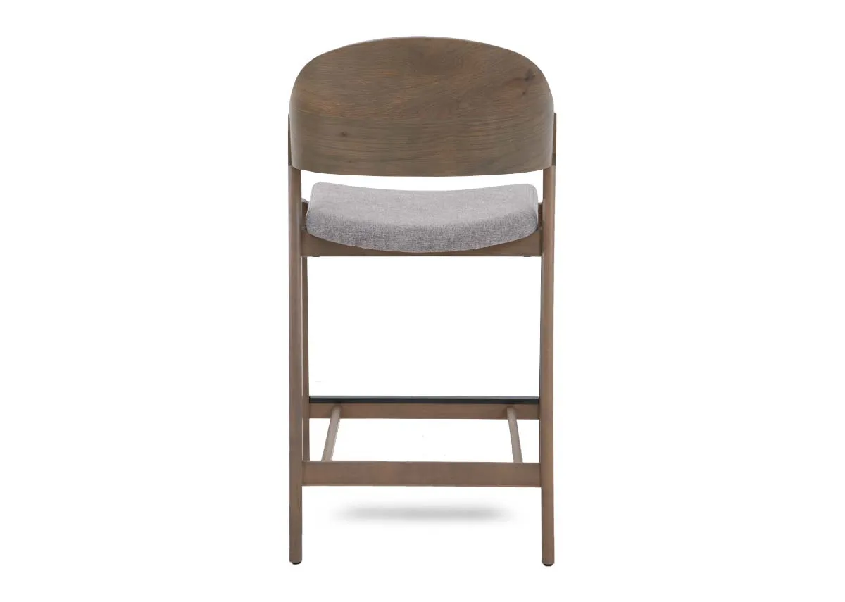 A grey oak bar stool with grey leather seat from EZ Livings Vega range. Back view