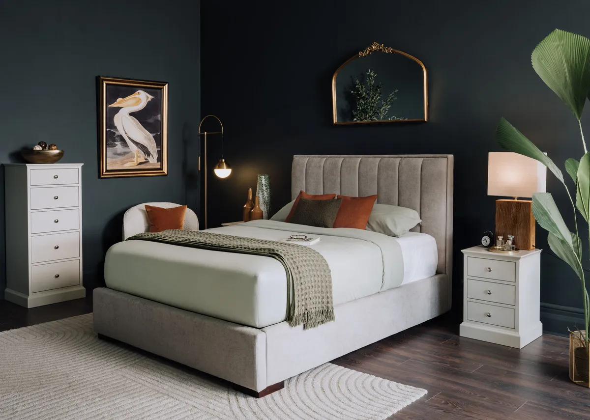 A lifestyle image of the Liberty Bedframe with Eroka mirror and rivendale lockers and chest