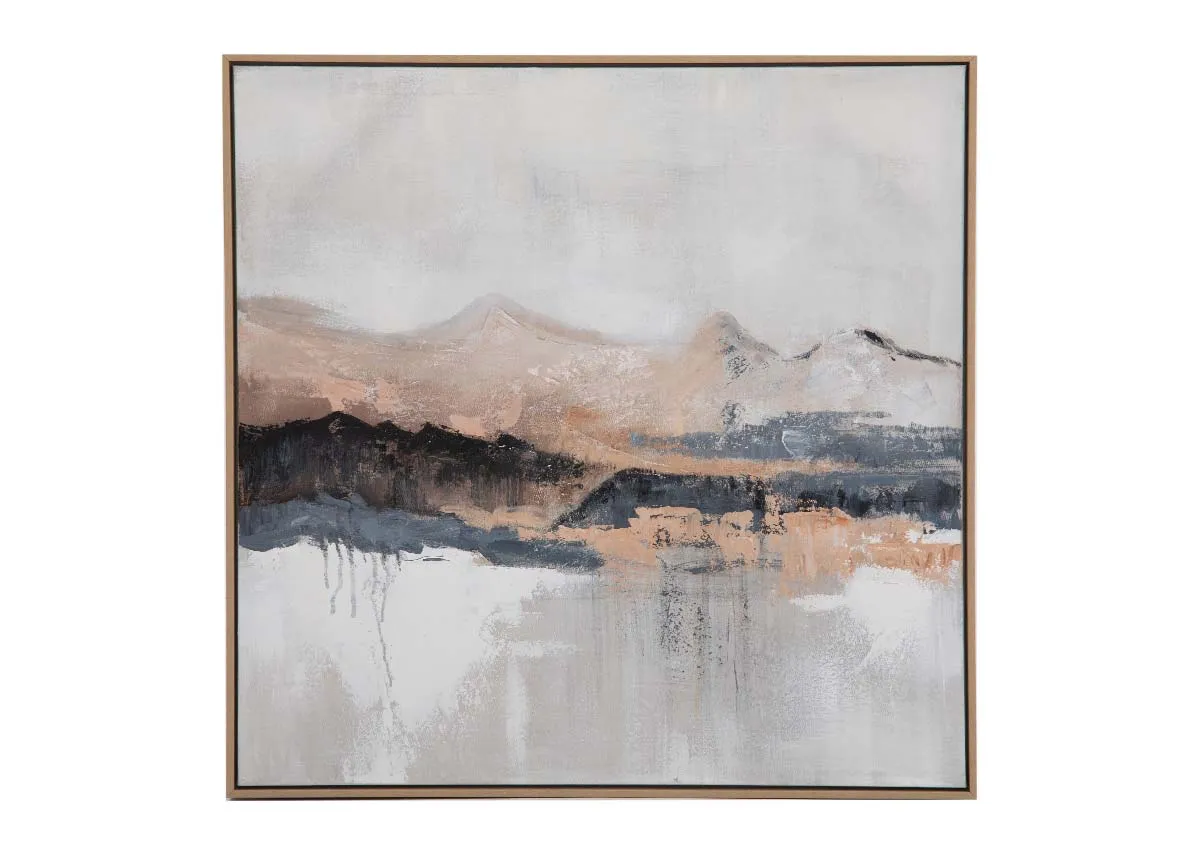 An oil painting of a mountainscape from EZ Livings wall art range. Front view of Misty View I