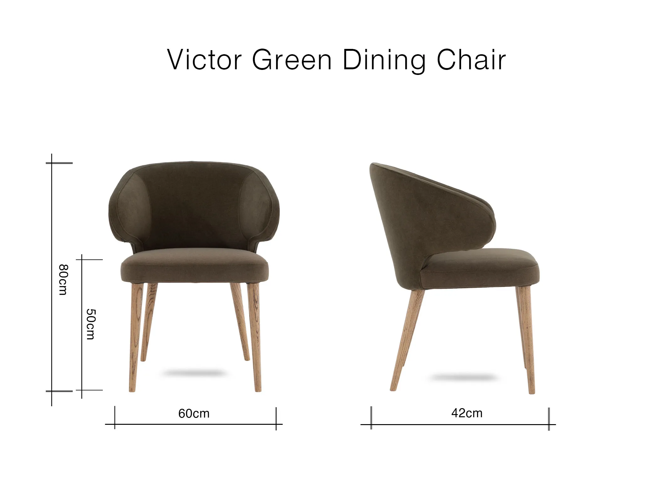 A dimension image of the Victor Green chair with 60cm x 42cm x 80cm