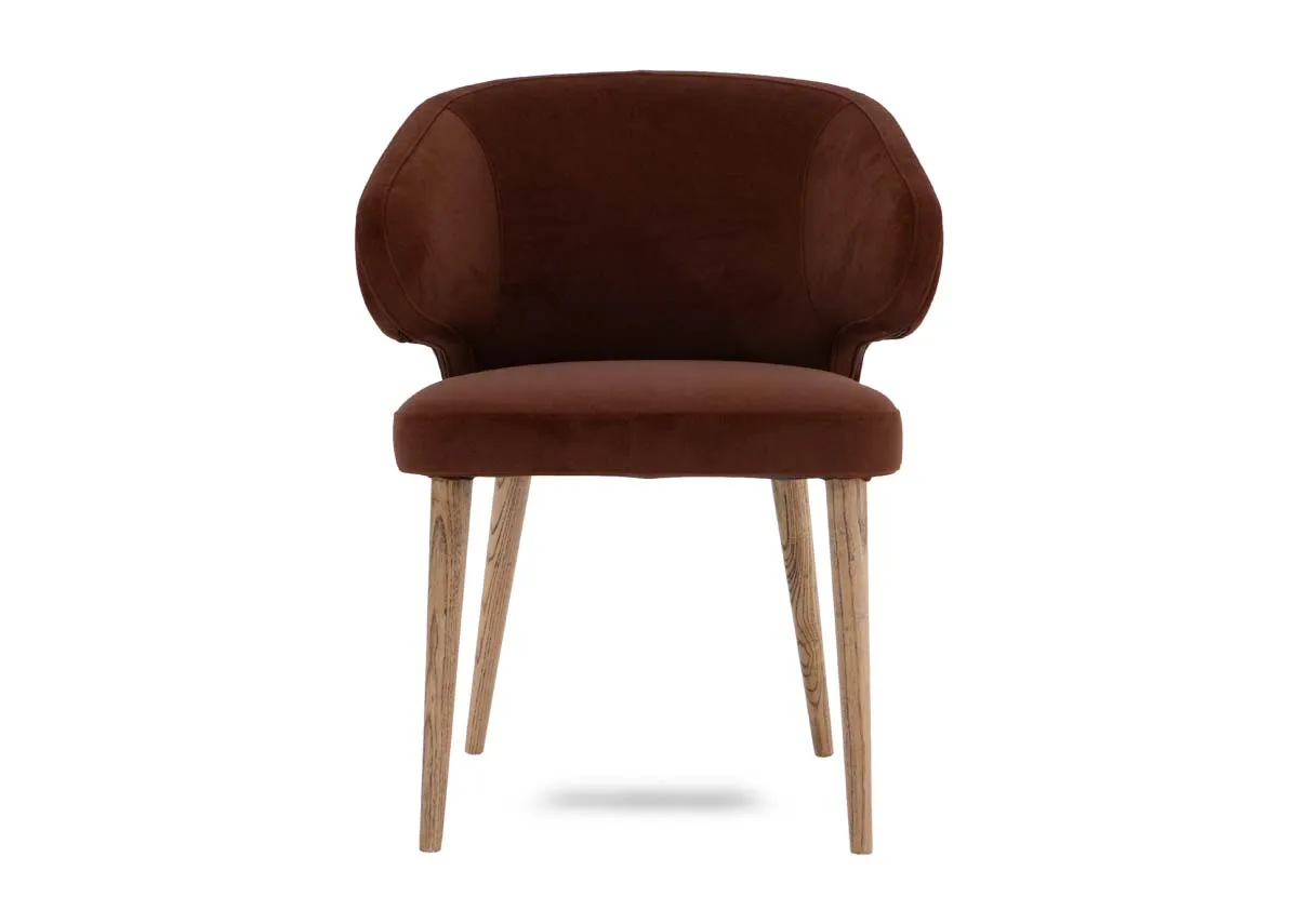 A bronze fabric dining chair from EZ Livings Victor range. Front view of luxury velvet fabric