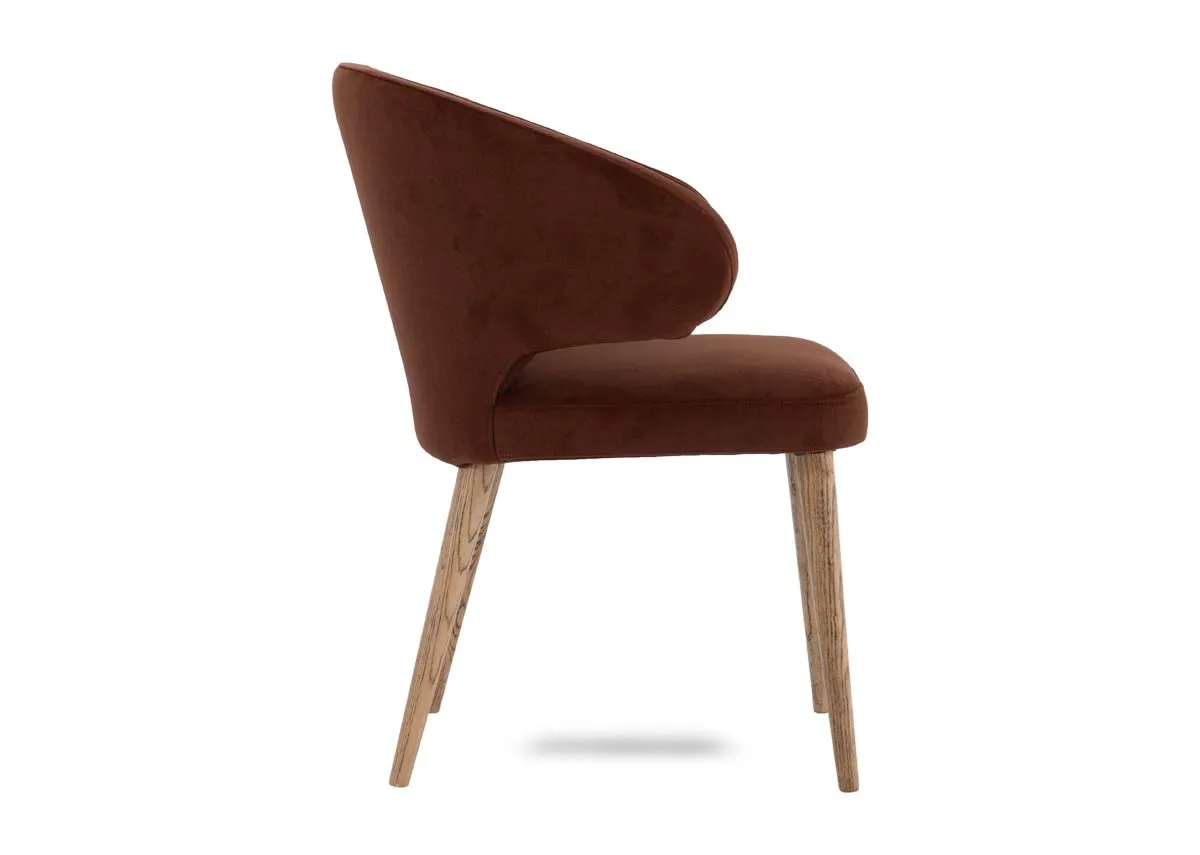 A bronze fabric dining chair from EZ Livings Victor range. Side view of foam seat
