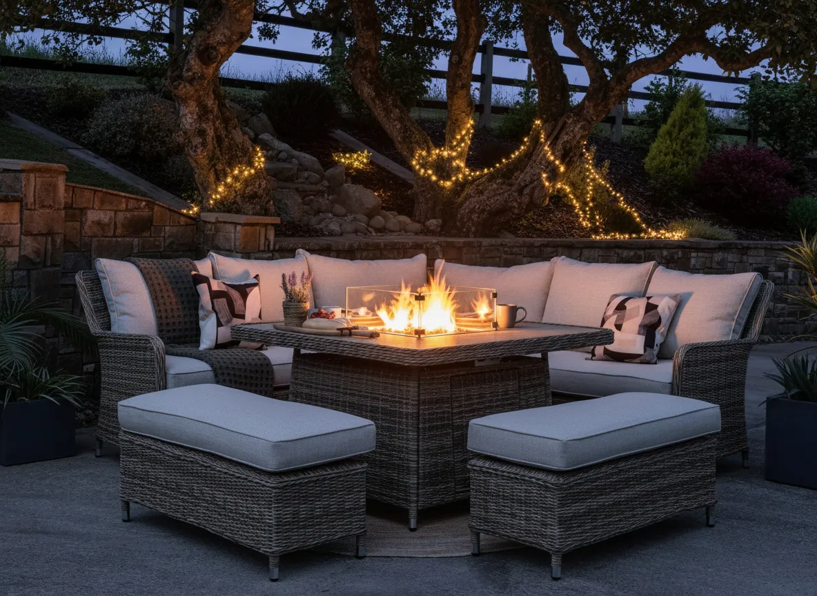 Corner Garden Set with Firepit Table & 2 Ottomans - Monterey