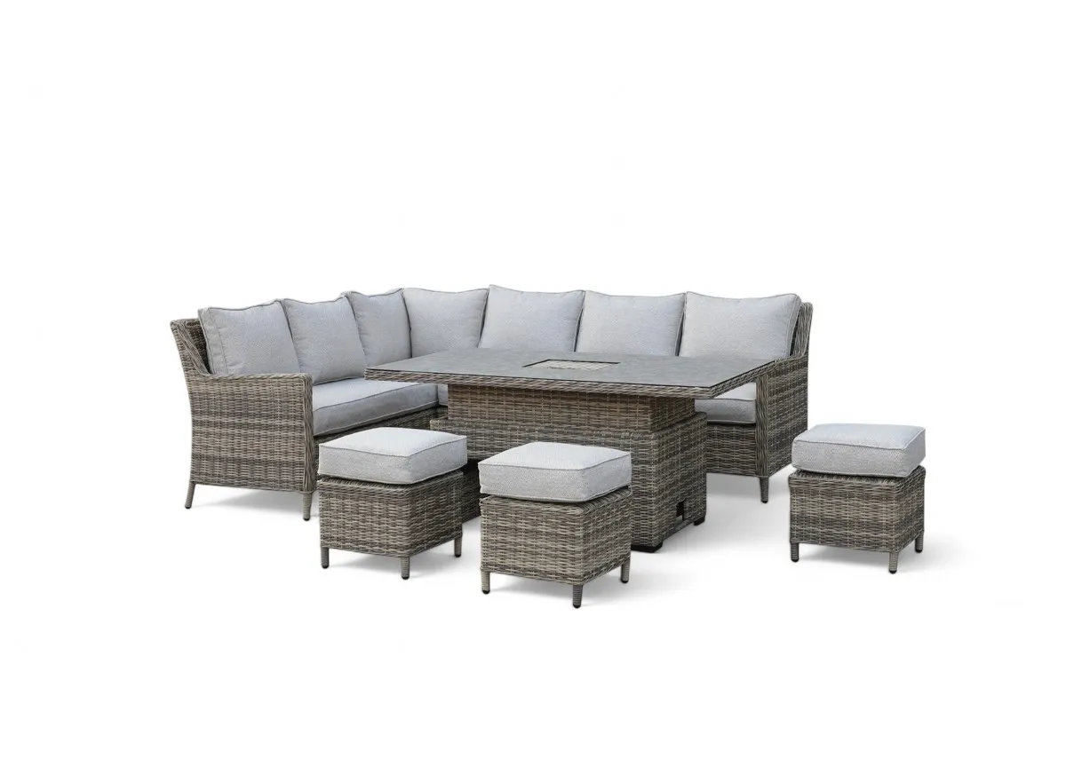 A grey woven corner garden set with rising table and 3 stools from EZ Living Furnitures Monterey range.