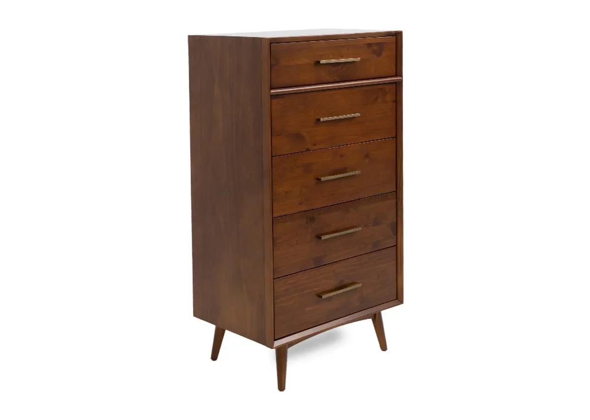 A pine 5 drawer tallboy chest from EZ Livings Leya range. Angled view of tapered feet