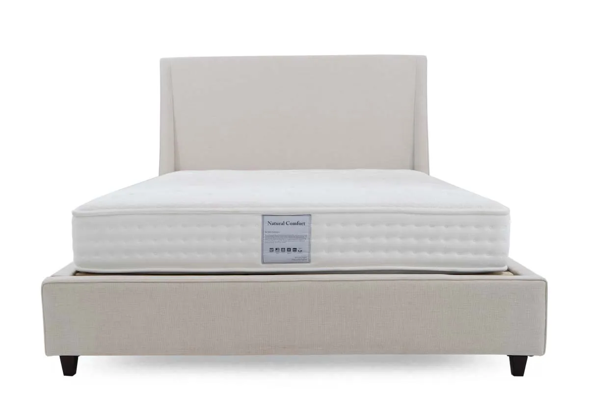 A beige fabric bed frame from EZ Livings Saoirse range. Front view