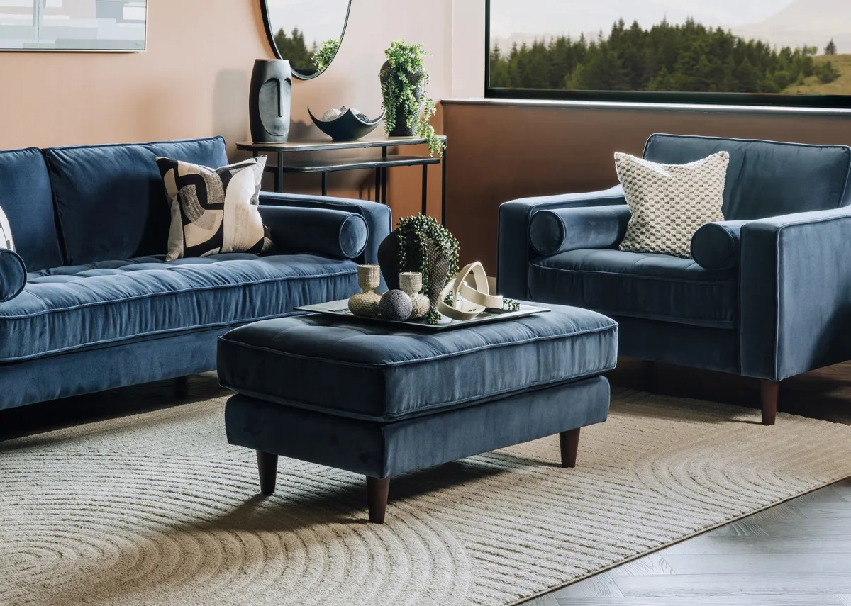 Large Blue Velvet Footstool - Genoa