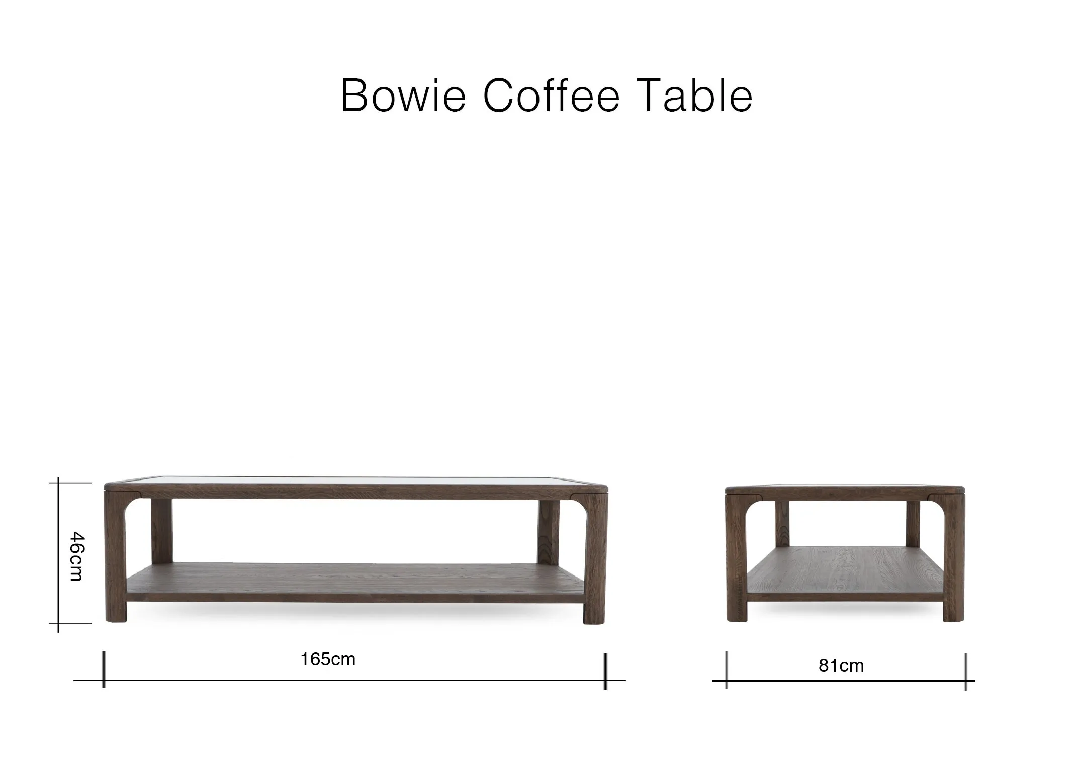 A dimension image of the Bowie coffee table with 165cm x 81cm
