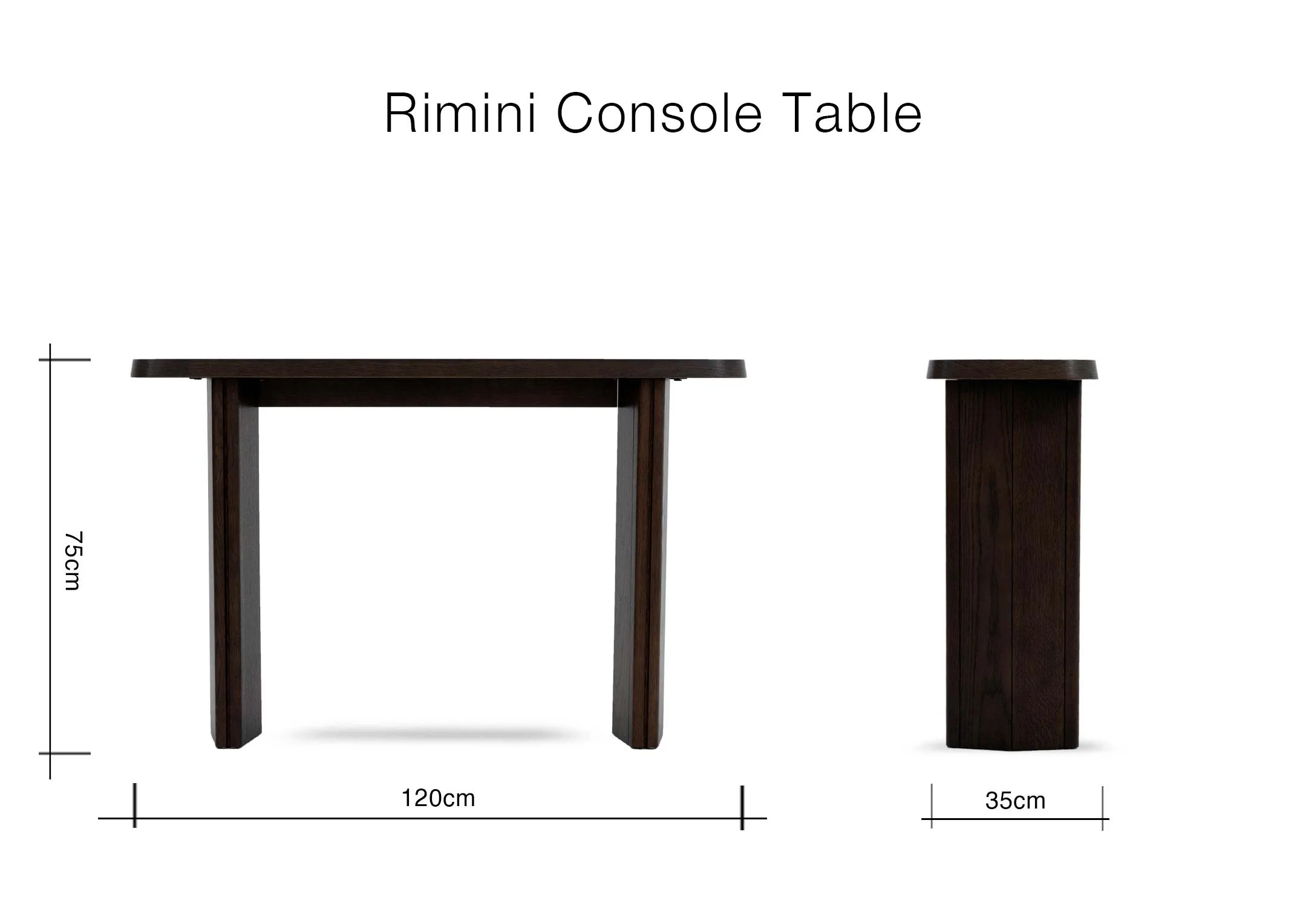 A dimension image of the Rimini console table with 120cm x 75cm x 35cm