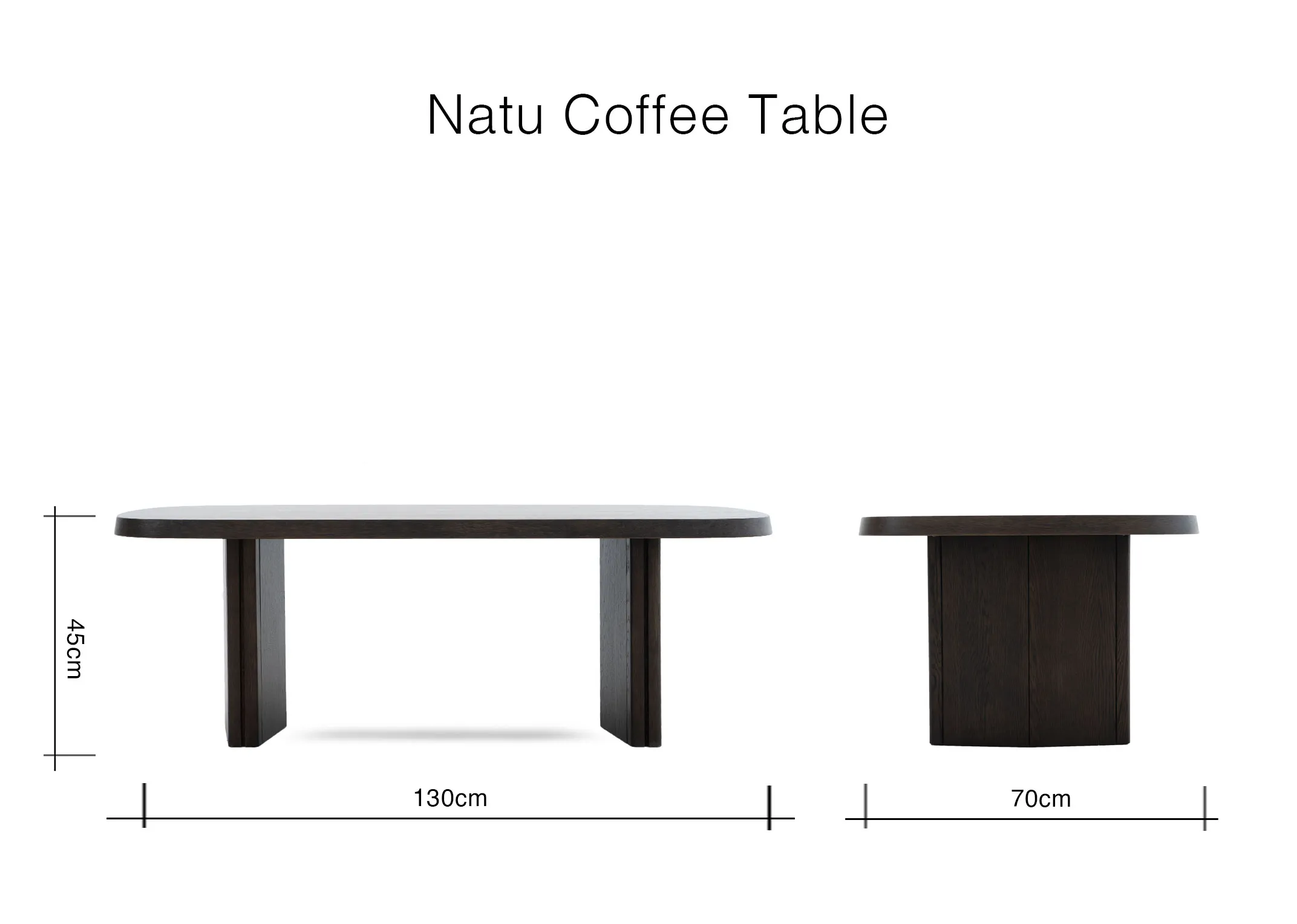 A dimension image of the Natu Coffee Table with 130cm x 70cm x 45cm