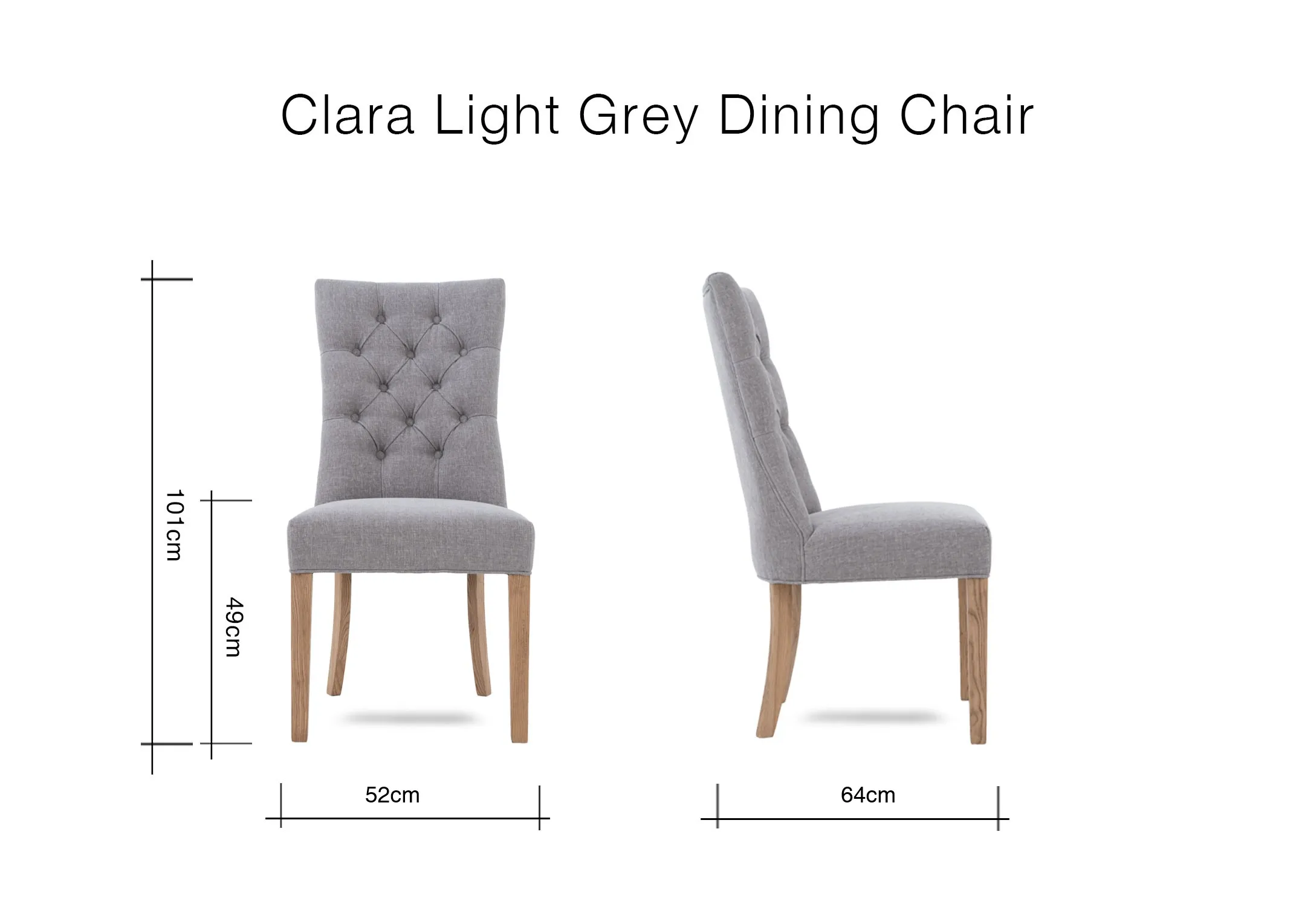 A dimension image of the Clara Dining chair with 64cm x 52cm x 101cm