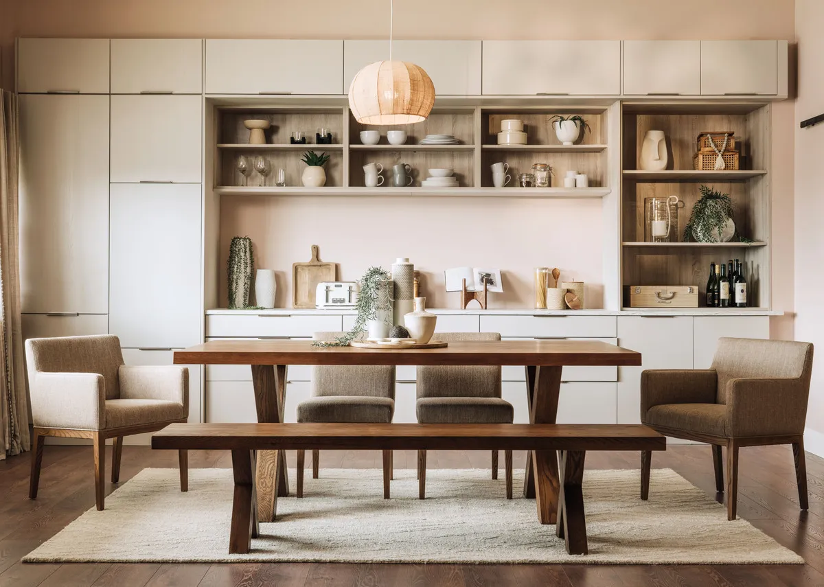 A lifestyle image of the Davos dining table and bench in a kitcehn setting with Davos chairs.