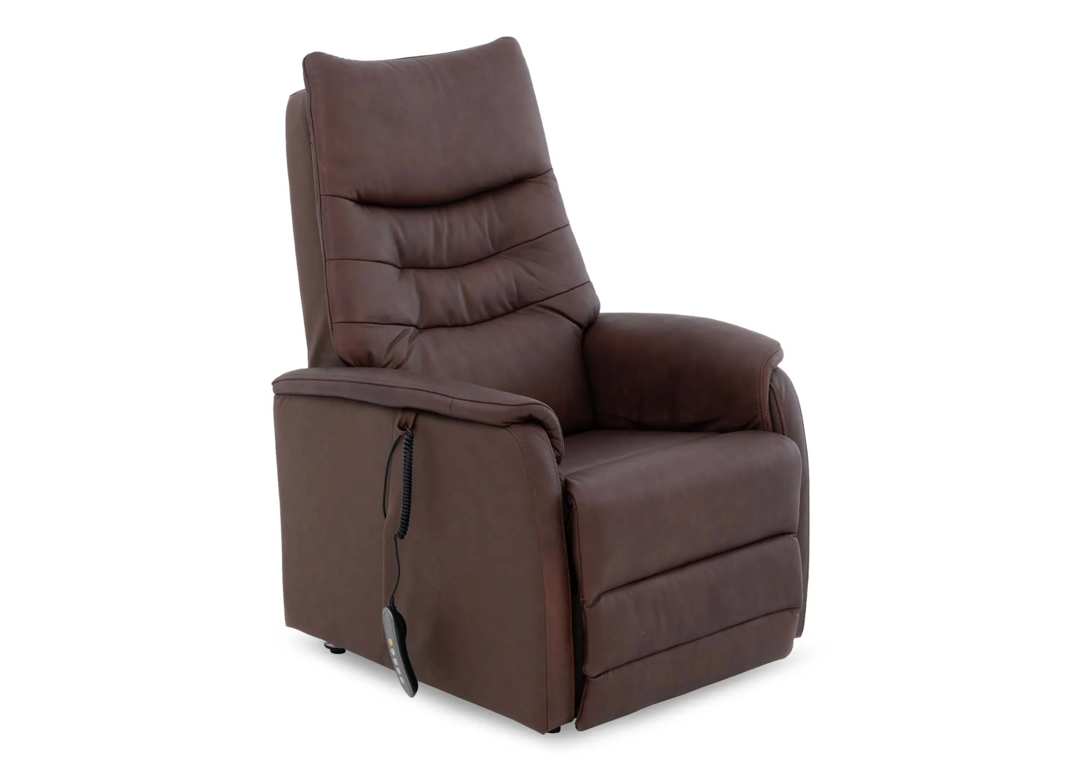 A brown leather power recliner from EZ Livings Wyatt range. Angled view of neat slim shape while chair is fixed.