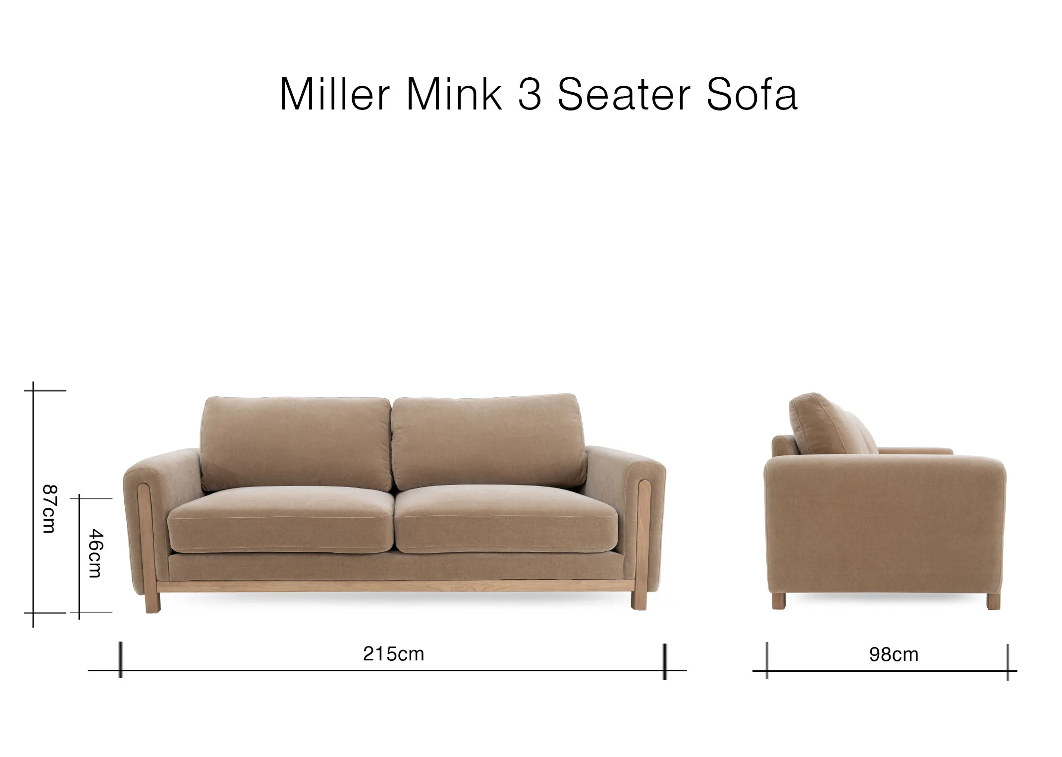 A dimension image of the Miller 3 Seater sofa with 215cm x 98cm x 87cm