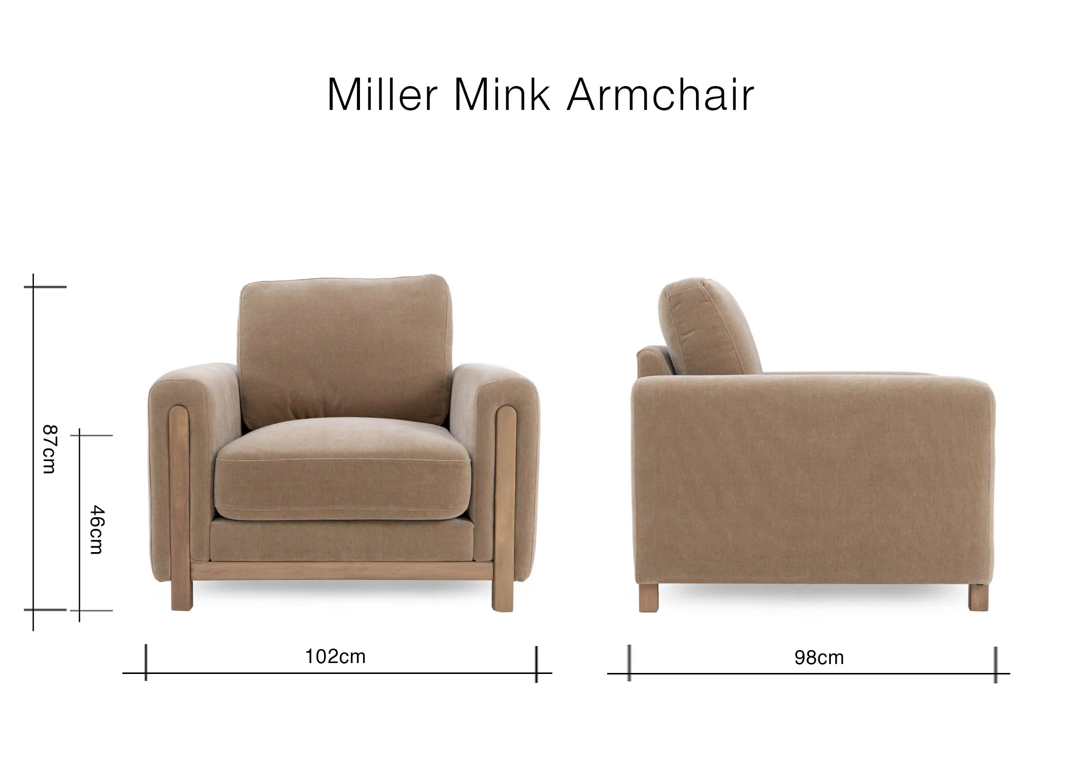 A dimension image of the Milelr mink armchair with 102cm x 98cm x 87cm