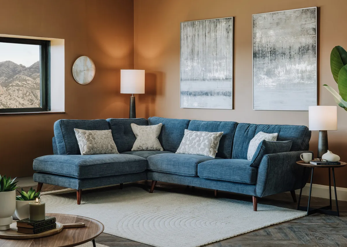 Denim Blue Fabric LHF Corner Chaise with Free Footstool - Caoimhe