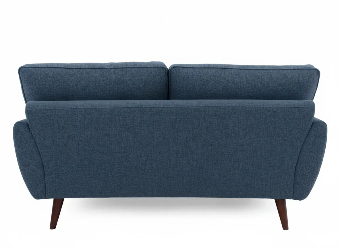The back view of a blue fabric two seater sofa showing its solid back panels and four tapered wooden legs.