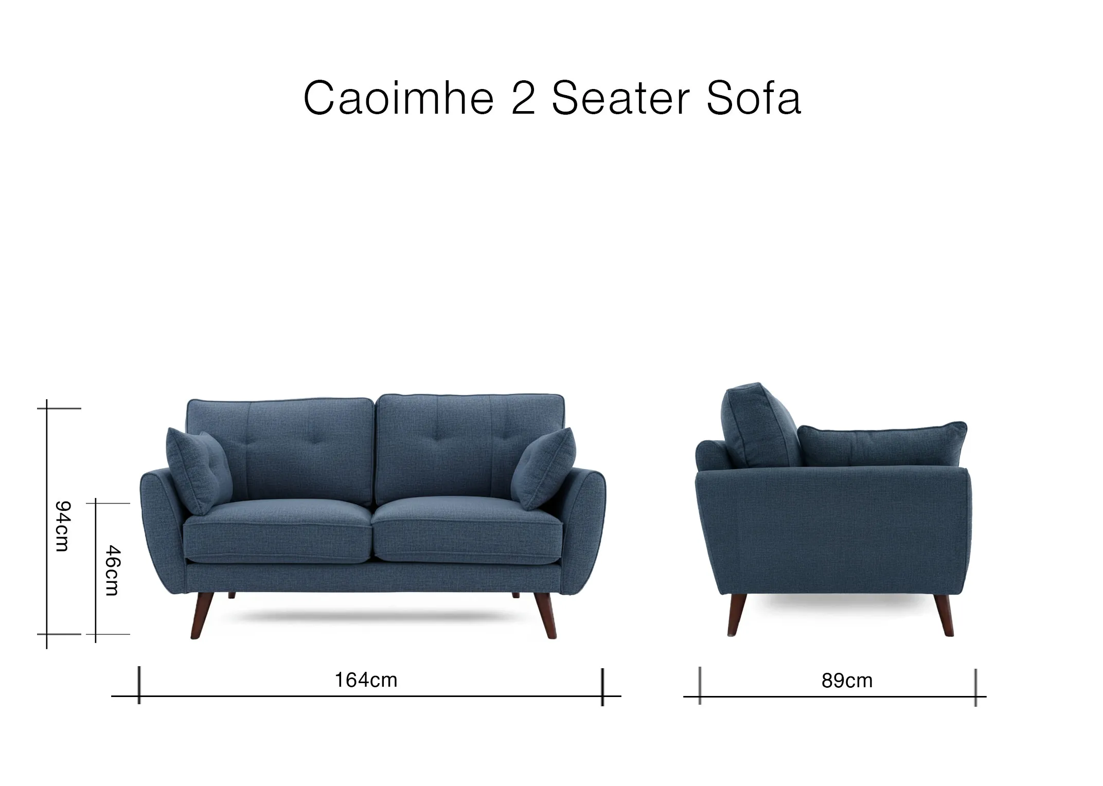 Blue fabric two seater sofa with front view dimensions of 164cm width and 94cm height and side view depth of 89cm.