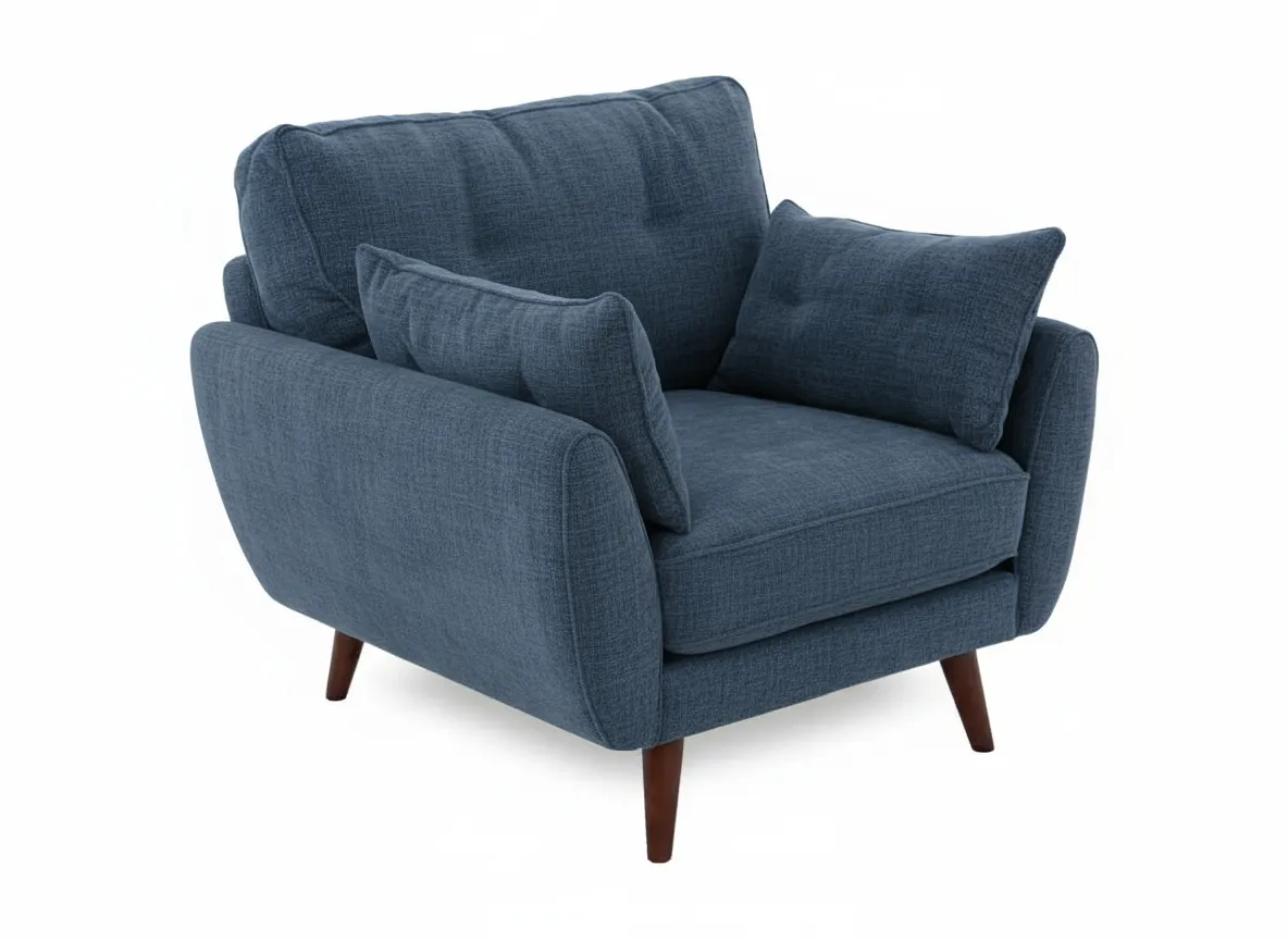 A blue fabric armchair with two cushions viewed from a front right angle showing its soft texture and tapered wooden legs.