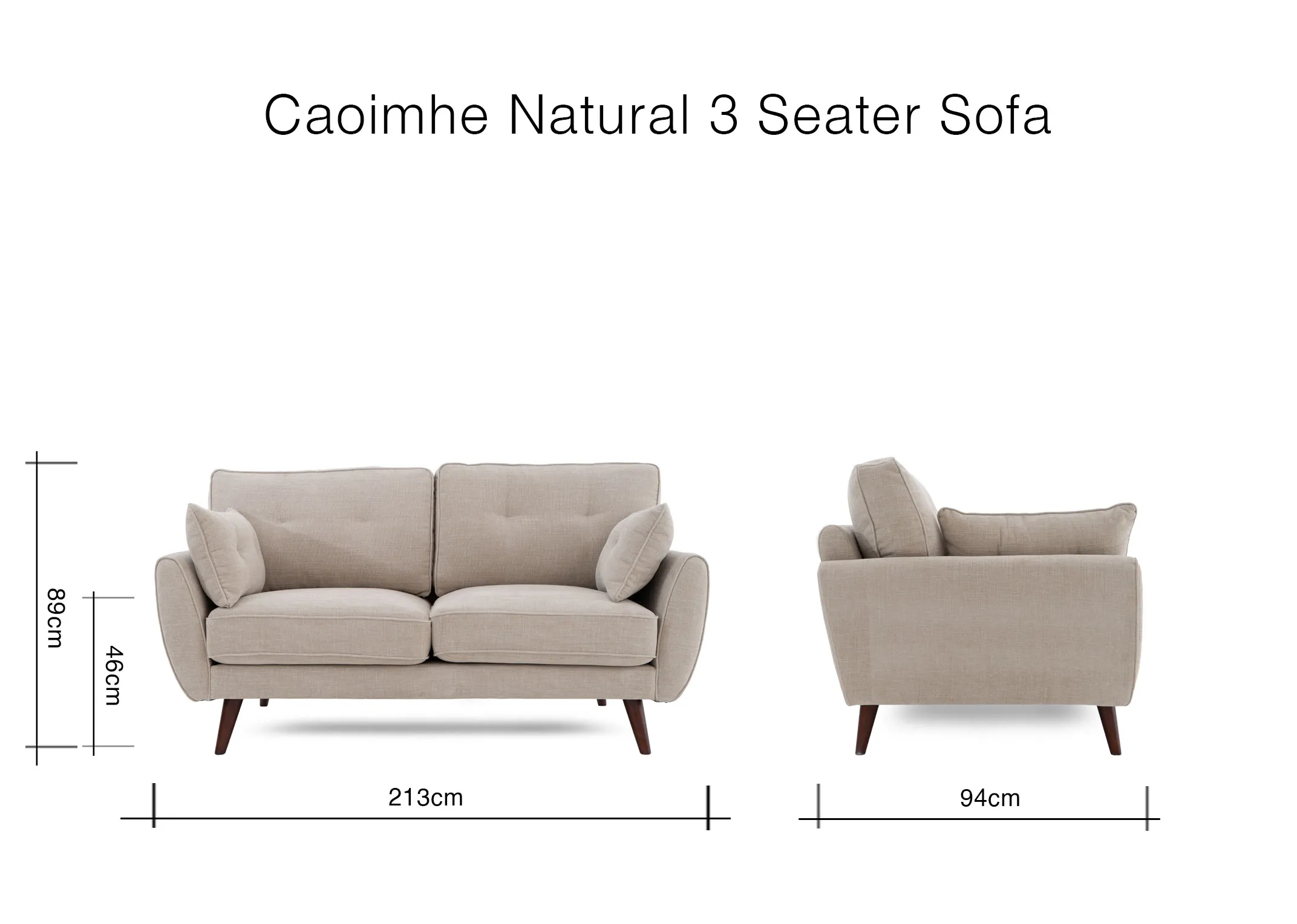 A dimension image of the Caoimhe 3 Saeter with 213cm x 94cm x 89cm
