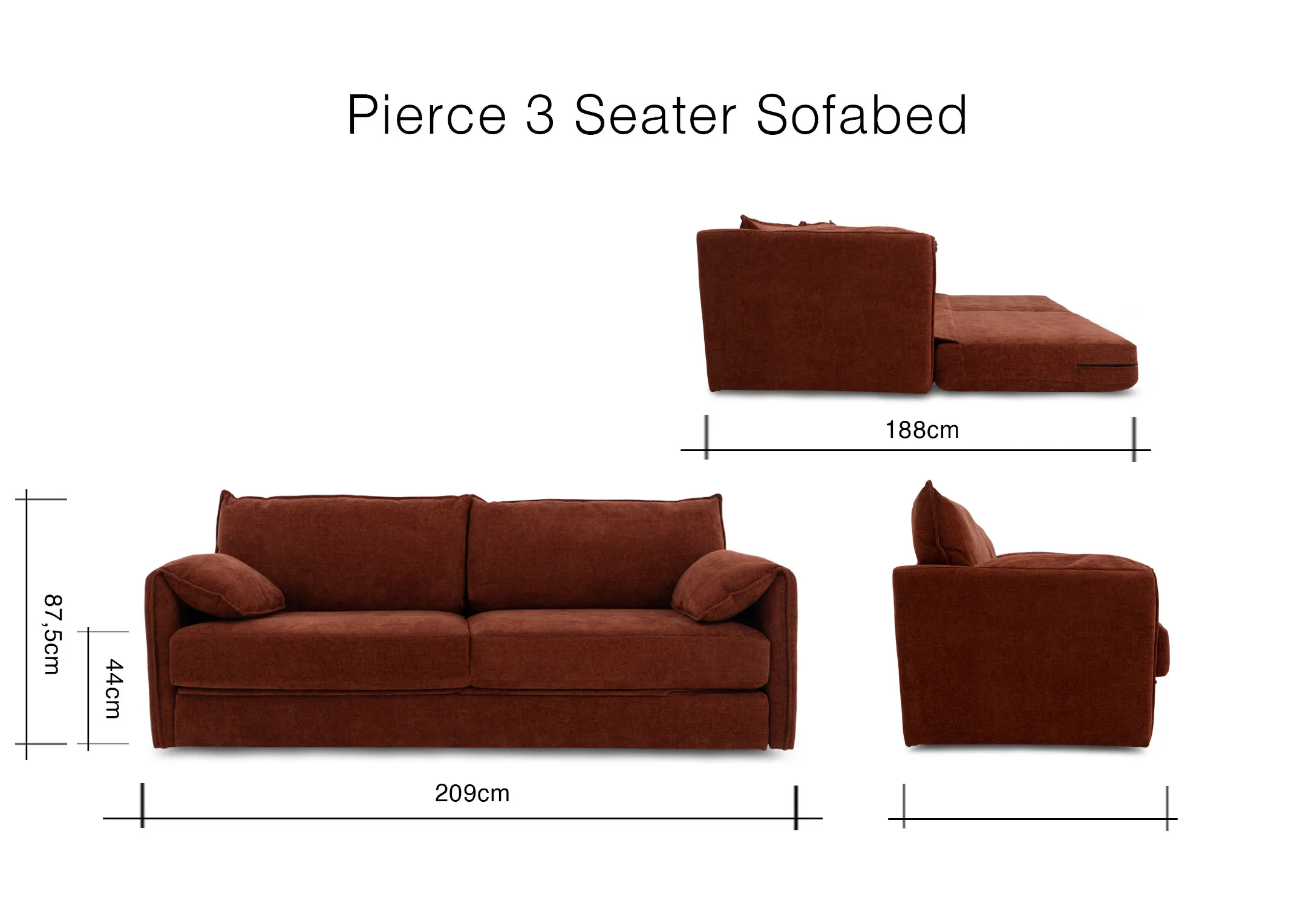 A dimension image of the Pierce Sofa bed with 209cm x 188cm x 87.5cm