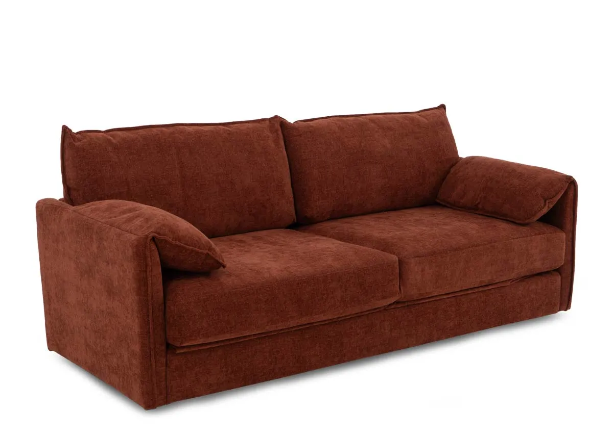A 3 seater orange fabric sofa bed from EZ Livings Pierce range. Angled view