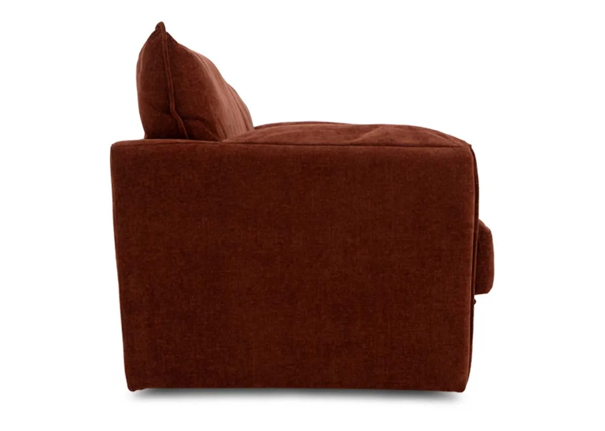 A 3 seater orange fabric sofa bed from EZ Livings Pierce range.A 3 seater orange fabric sofa bed from EZ Livings Pierce range.Side view