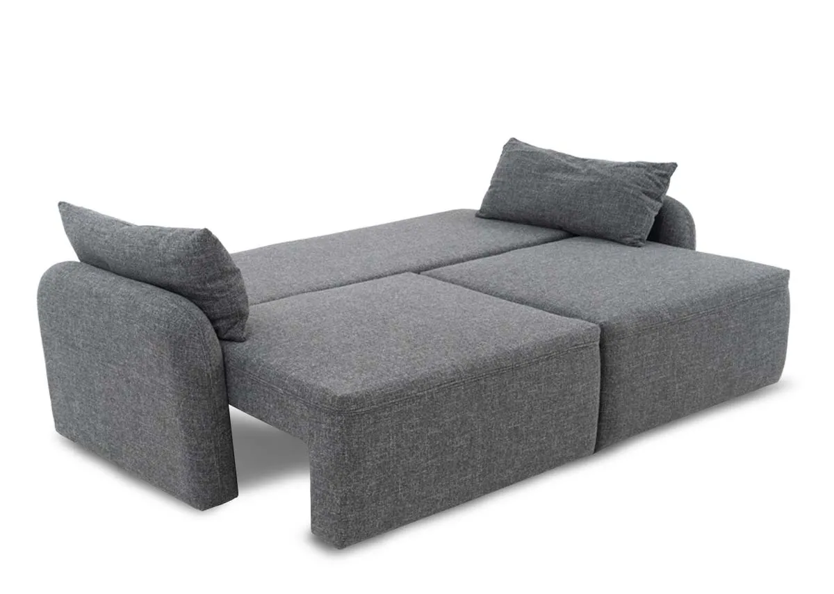 A grey fabric sofa bed from EZ Livings Brooks range. Side view of back reclined and leg out
