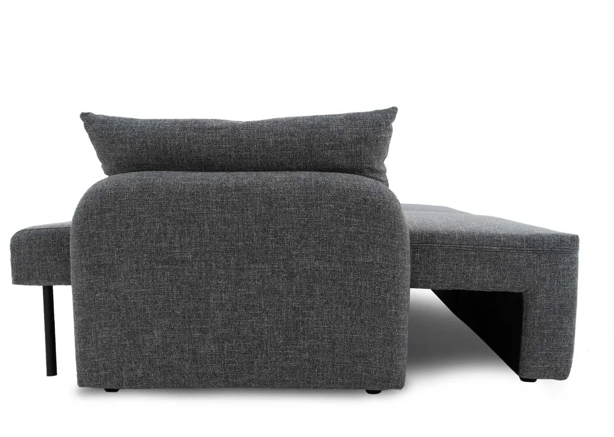A grey fabric sofa bed from EZ Livings Brooks range. Front view of sofa with comfy side cushions
