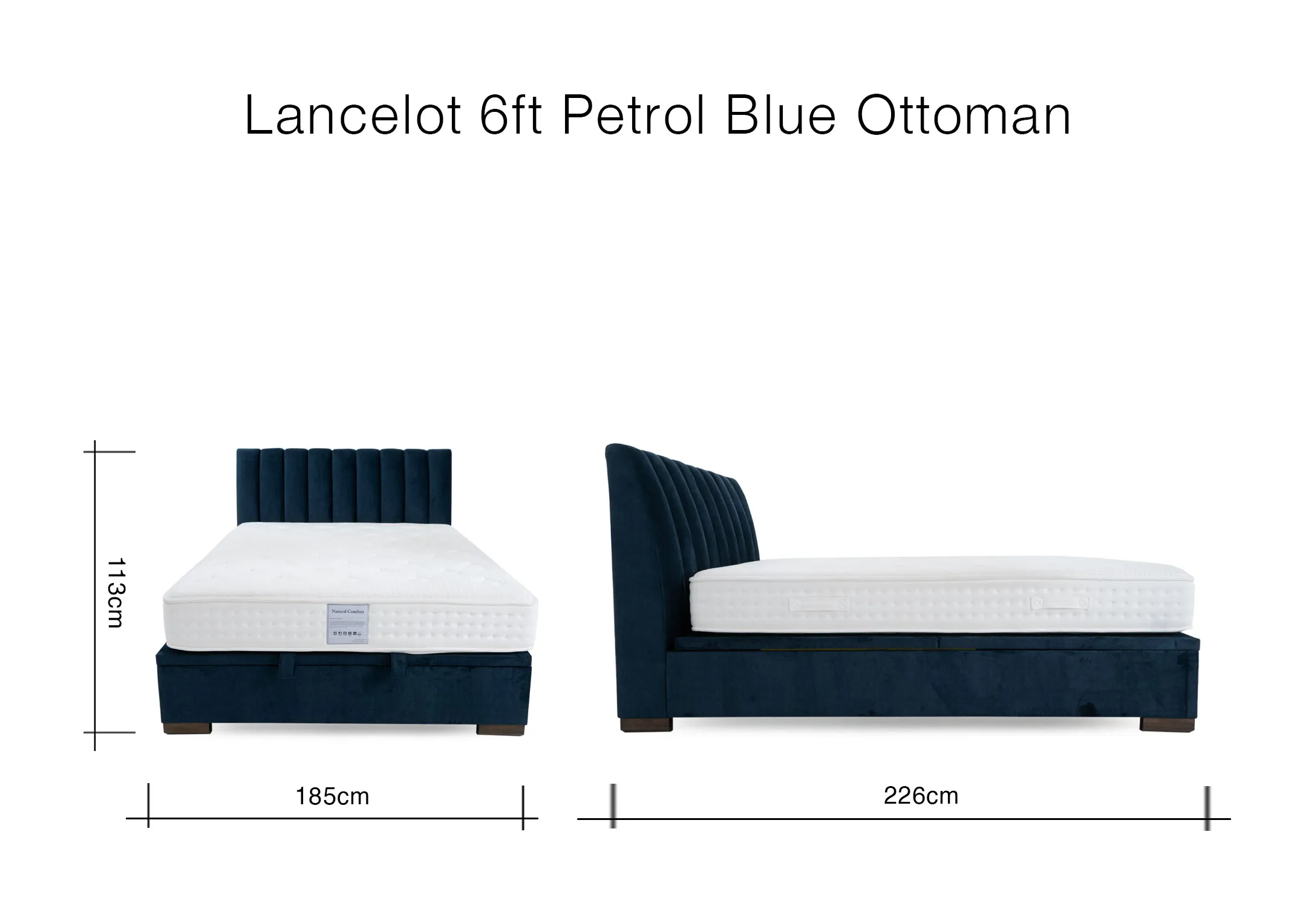 A dimension image of the Lancelot Bed with 185cm x 226cm x  113cm