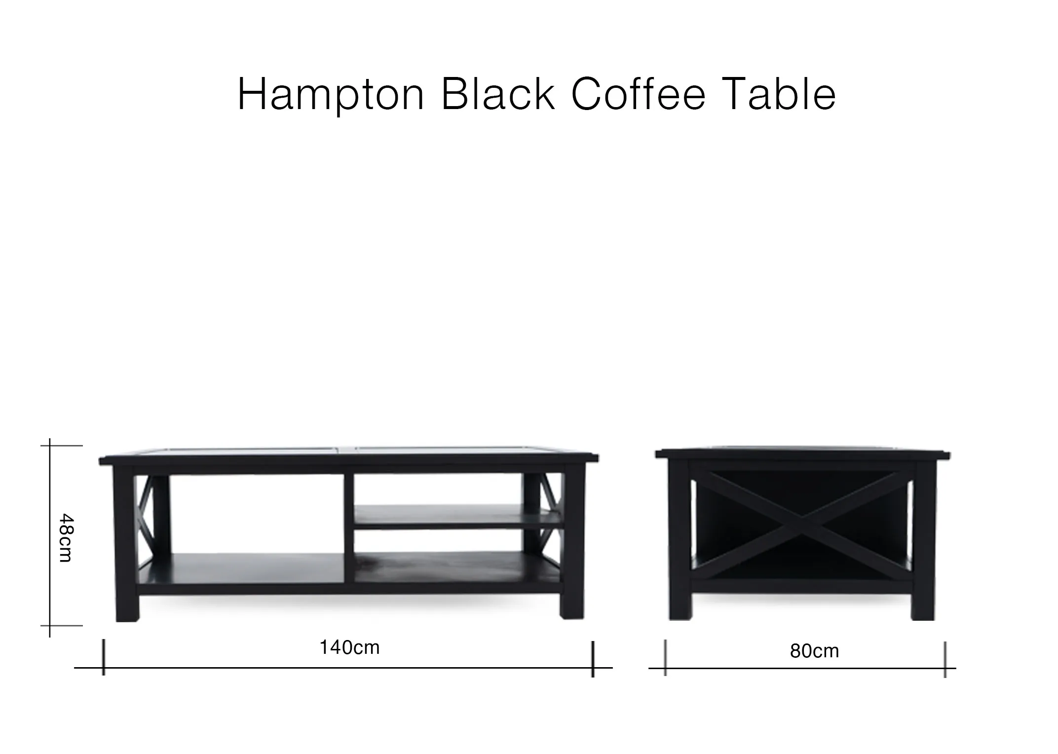 A dimension image of the Hampton coffee table with 140cm x 80cm x 48cm