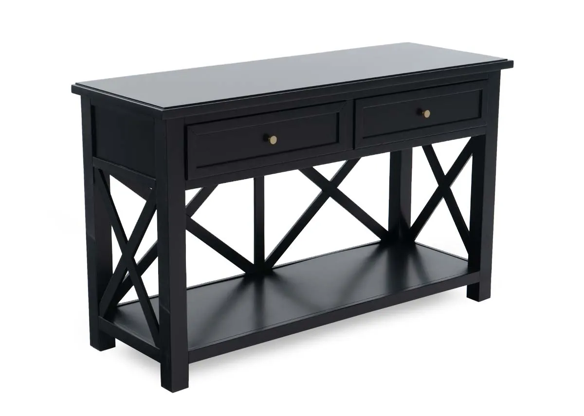 A sleek black 2 drawer hall table from EZ Livings Hampton range. Angled view.