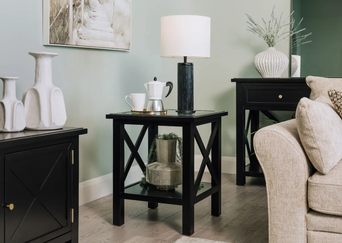 A lifestyle image of the Hampton lamp table with Lohas lamp and Skyline sofas