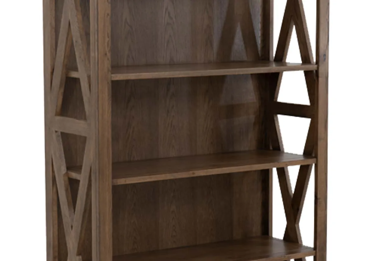 An oak bookcase from EZ Livings Naxos range. Closeup of rustic x detail and oak finish.