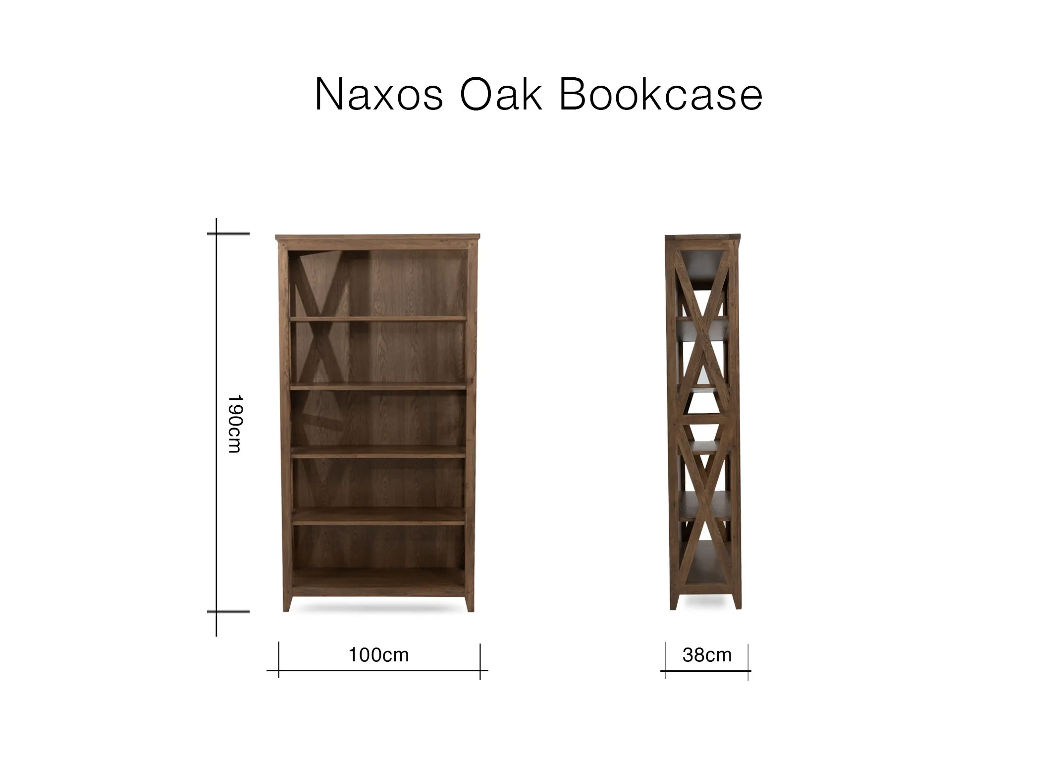 A dimension image of the Naxos bookcase with 100cm x 38cm x 190cm