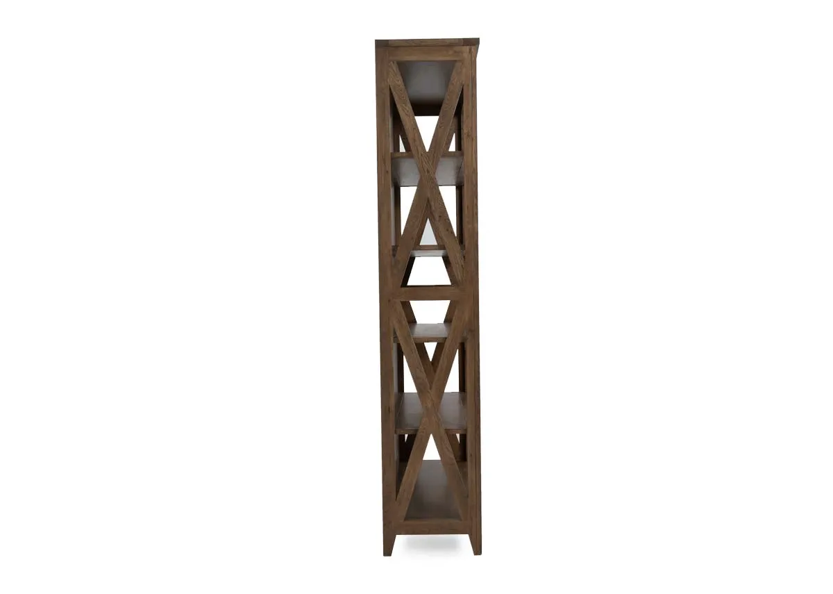 An oak bookcase from EZ Livings Naxos range. Side view of x detail on sides of bookcase.